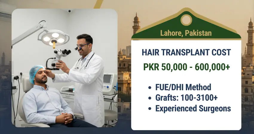 Hair transplant cost in Lahore PKR 50,000–600,000+. FUE/DHI methods, 100–3100+ grafts, experienced surgeons.