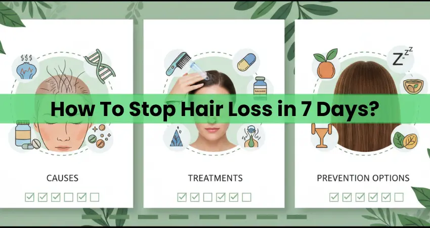 Infographic showing how to stop hair loss in 7 days: causes, treatments, and prevention options