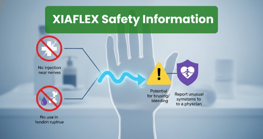 XIAFLEX safety information infographic – no nerve injections, no tendon use, bruising warning